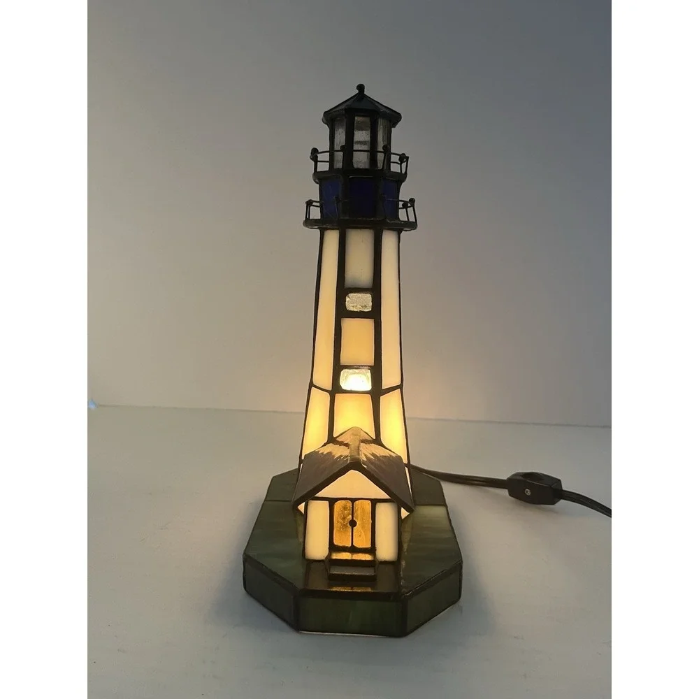 Stained Glass Tiffany Style Lighthouse Lamp Portable Table Lamp Night Light Resi